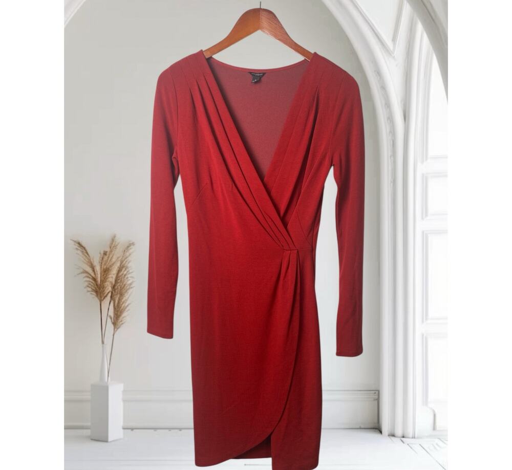 Ann Taylor Red Knit Bodycon Faux Wrap Long Sleeve Dress Women's Size 2